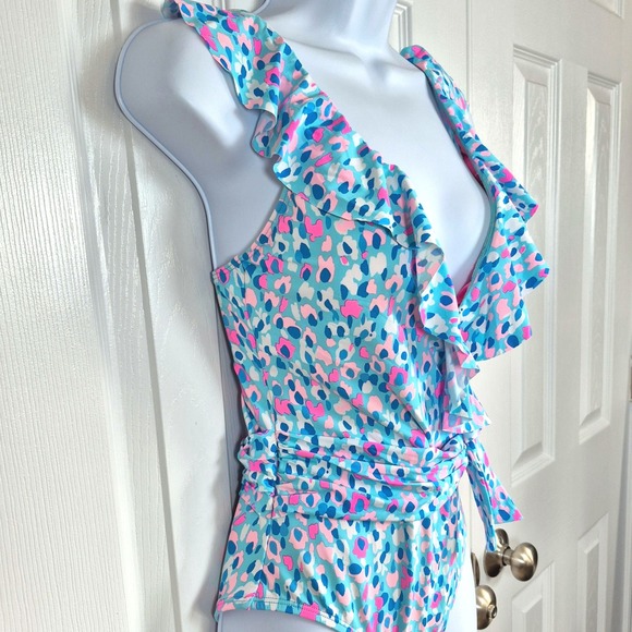 Lilly Pulitzer Delphie one-piece blue pink leopard spot print swimsuit womens 2 - Picture 7 of 13